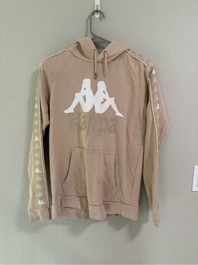 Kappa Beige Logo Hoodie Pullover Tape Sleeve Sweatshirt S